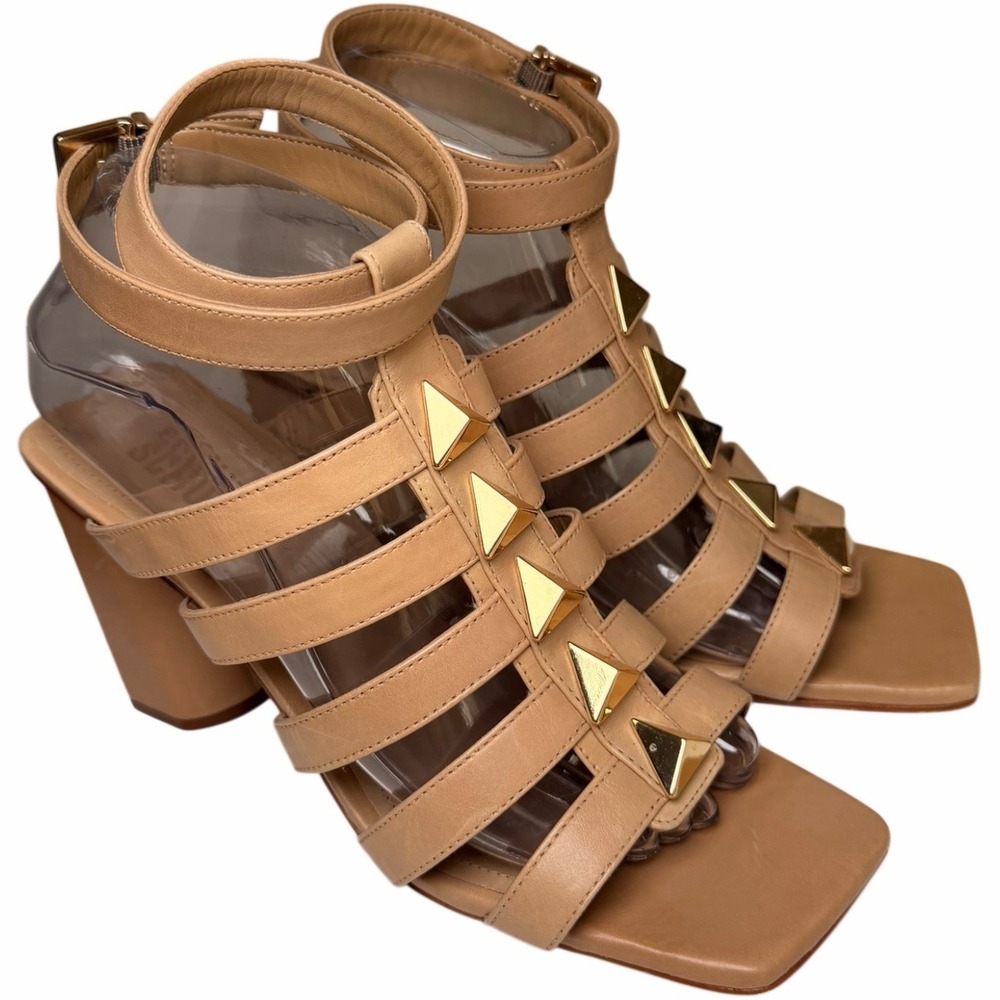Schutz Kyrie Studded Cage Sandals Tan Leather Block Heel Ankle Strap 8 Gladiator - Picture 7 of 14